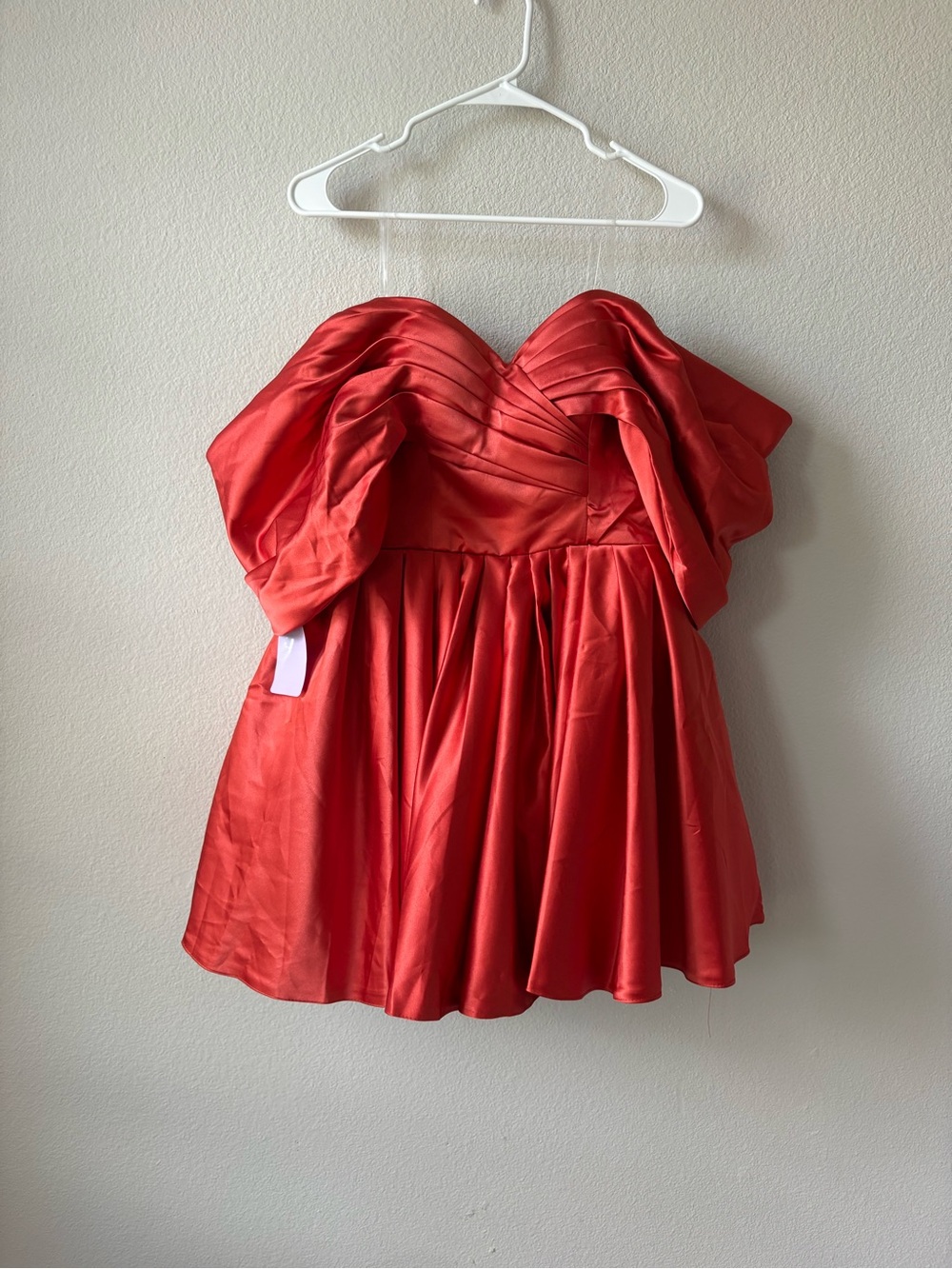 Red-Orange Satin Off-Shoulder Party Dress - Picture 2 of 4